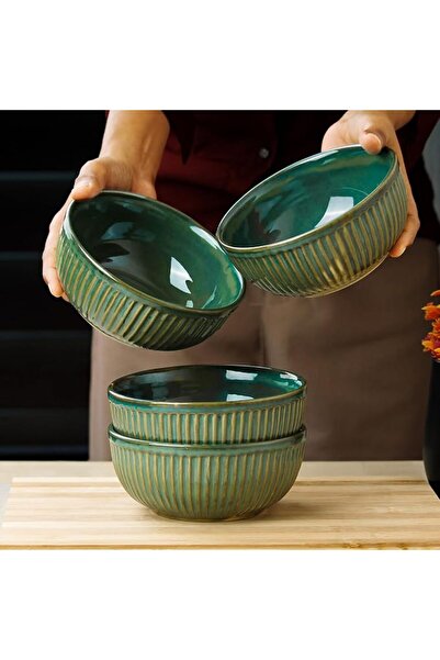 The Earth Store Glam Green Ceramic Bowl Set of 4, 500 ML Each | Ceramic Mixin...