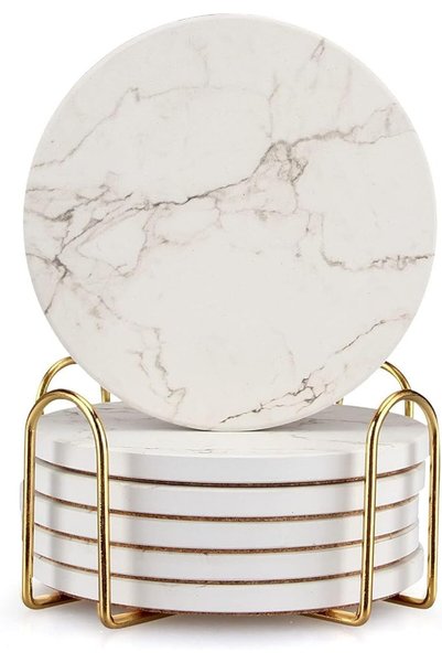 SAGREENY 6 Pcs White Marble Coaster Set With Holder - Best Absorbent Ceramic ...