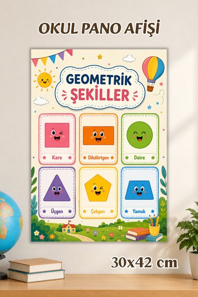 Metranya Geometrik Şekiller Afişi, İlkokul Eğitici Afiş, Sınıf Panosu İçin Eğ...