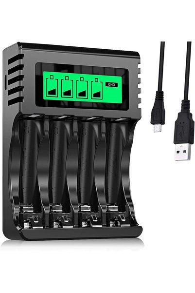 LinJie شاحن بطاريات، شاحن بطاريات عالمي، 4 فتحات مع شاشة LCD أوتوماتيكية، منا...