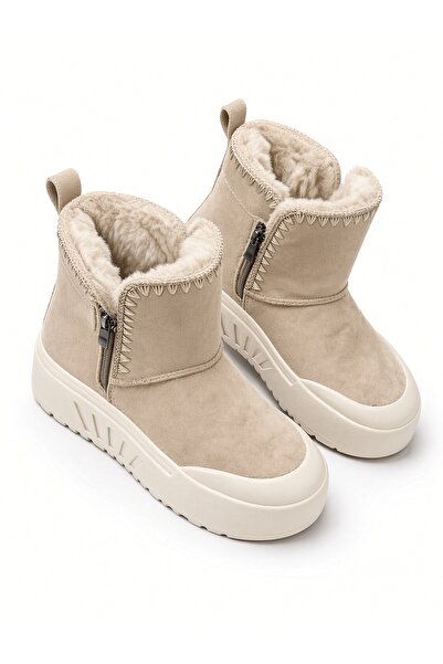 McDark Women's Double Zippered Dense Fur Suede Ankle Boots-Beige