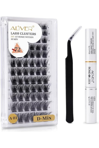 aliverystore طقم رموش صناعية مجمعة مع لاصق وملاقط، 72 قطعة رموش فردية مجعدة D...