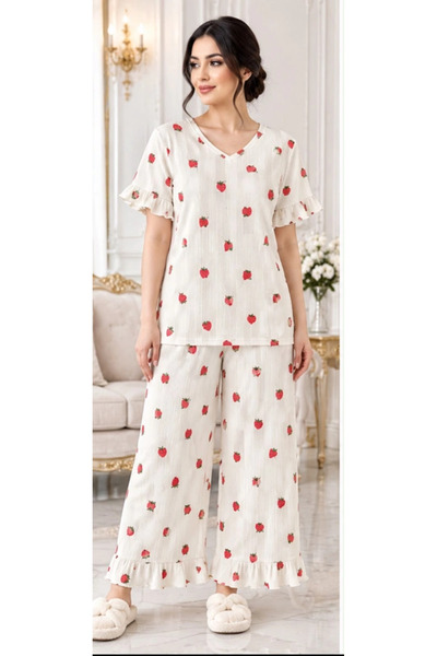 rivone 🍓 Strawberry Print Beige Cotton Pajama Set