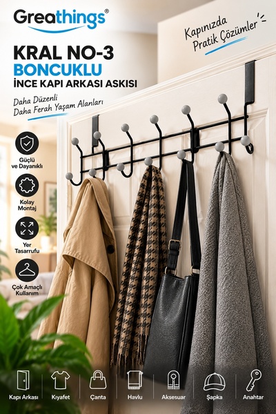 Greathings Siyah Metal İnce Kapı Arkası Askısı Boncuklu Çoklu Kancalı Düzenle...