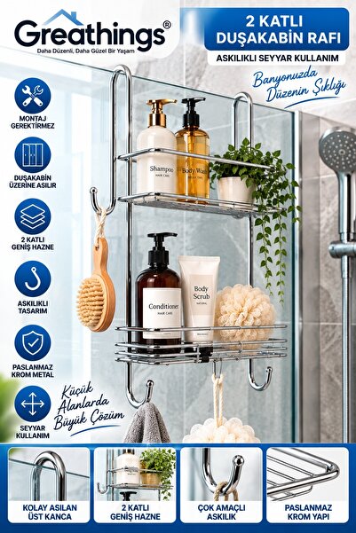 Greathings 2 Katlı Krom Metal Duşakabin Rafı Askılı Seyyar Banyo Düzenleyici ...
