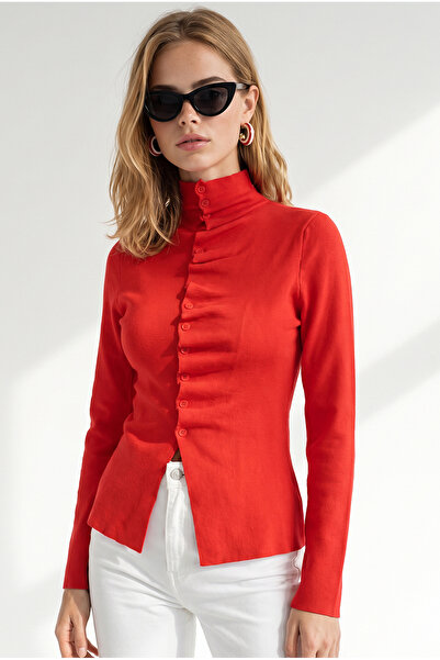 Olalook Women's Red Pleated Detailed Buttoned Knitwear Sweater Kzk-19001172