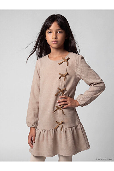 LC Waikiki Lcw Kids Brown Bow Detailed Girls' Dress with Nevavm Difference