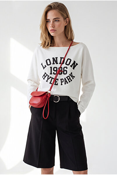 Olalook Women's White Boat Neck Printed Modal Buttoned Slim Sweatshirt Swt-19...
