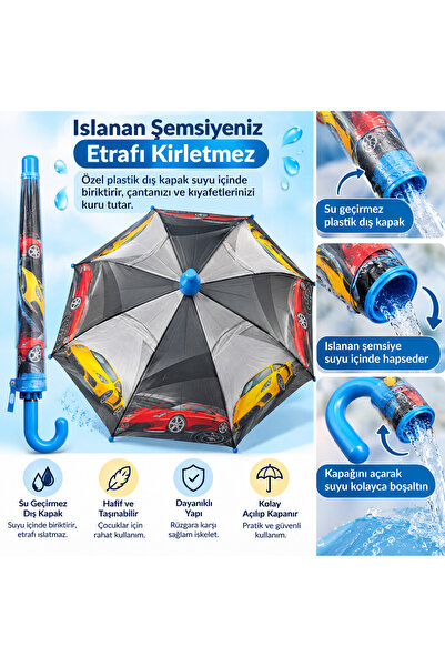 Genel Markalar Çocuk Şemsiyesi Araba Desenli Su Geçirmez Dış Kapaklı Baston Ş...