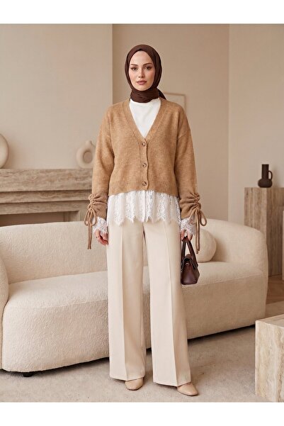 EBRUTESETTÜR Lace Detailed Knitwear Cardigan with Tieable Sleeves Camel