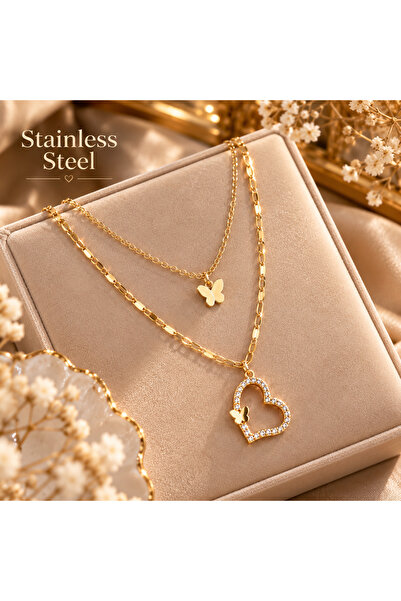 stainless steell Gold Color Double Layer Butterfly and Heart Zircon Stone Ste...