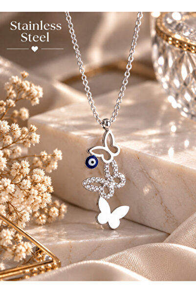 stainless steell Silver Color Three Butterfly Model Steel Necklace with Evil ...