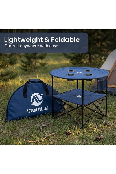 Adventure Lab Portable Folding Camping Table | Lightweight Waterproof Picnic Table with 4 Cup Holders & Carry Bag | Compact Foldable Outdoor Table for Camping, Beach, BBQ, Hiking & Travel (Blue)