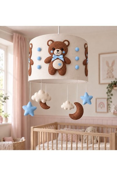 Leobabyroom Ayıcıklı Bebek Odası Avizesi Krem Mavi Ponponlu Ay Yıldız Bulut S...