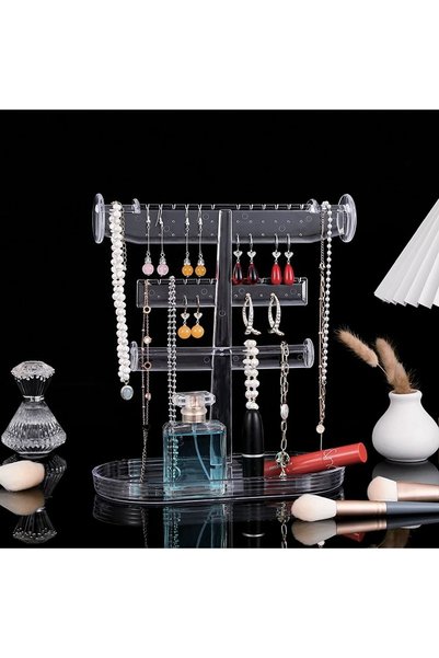 DD SHOP Suport Organizator Acrilic Transparent cu Tava pentru Bijuterii 23.5x...