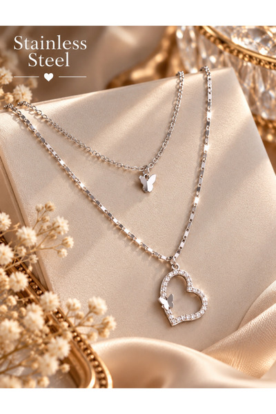 stainless steell Silver Color Double Layer Butterfly and Heart Zircon Stone S...