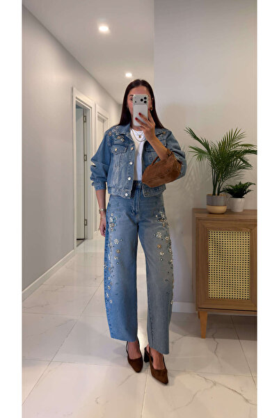 BİRCANÇİL Lapus Mavi Taşlı Denim Ceket Pantolon Takım