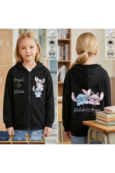 Kız çocuk boydan tam fermuarlı stitch/Angel logolu siyah renk şardonlu geniş kalıp kapşonlu sweatshirt