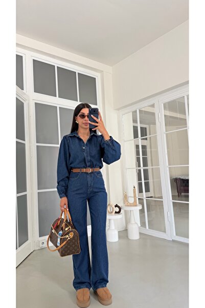 GAUS CO Koyu Mavi Kemerli Premium Denim Tulum GAUS-02123
