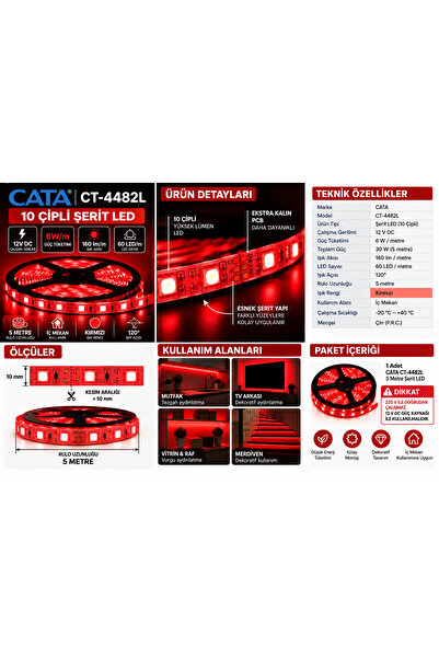 CT-4482L 10 Çip Kırmızı Şerit LED 5 Metre 12V 30W İç Mekan