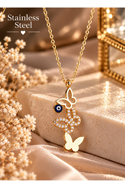 stainless steell Gold Rnek Three Butterfly Model Steel Necklace with Evil Eye...