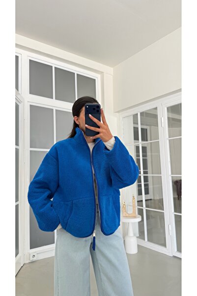 GAUS CO Saks Mavi Fermuarlı Cepli Polar Sweatshirt GAUS-02031 GAUS-01916