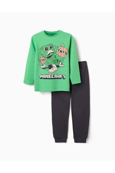 Ziddy Long Sleeve Cotton Pyjamas With Minecraft Print For Boys, Green/Grey