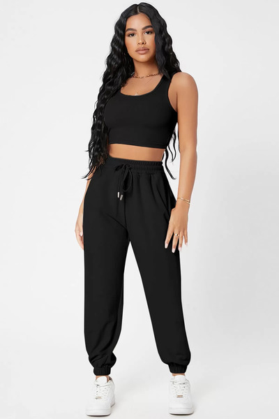 izvera quality Kadın Siyah Kaşkorse Cepli Jogger Eşofman Altı Ve Crop Top Bluz