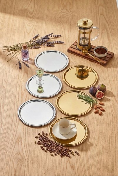 Maglor 3'lü gold + 3'lü gümüş Paslanmaz Çelik Yuvarlak Çay Kahve Pasta Servis...
