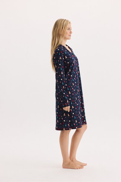 Etoile Cotton Fabric Long Sleeve Front Buttoned Patterned Nightgown 27602