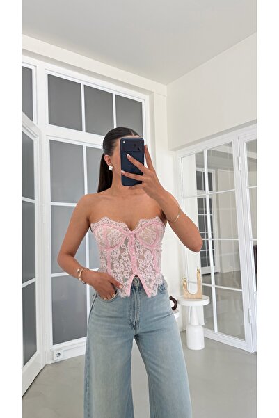 GAUS CO Pembe Dantelli Korse Bluz GAUS-01860