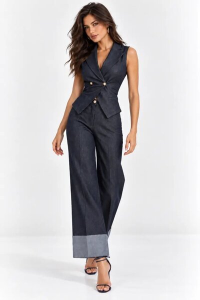 Cool & Sexy Women's Gold Buttoned Vest & Wide Leg Denim Pants Set
