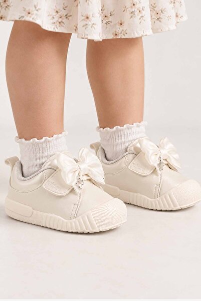Vicco Girl's White Sports Shoes with Bow and Velcro, Casual Comfortable Sneakers