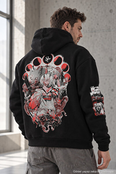 Polo State Erkek Kitsune Anime Baskılı Oversize 3 İplik Şardonlu Kapüşonlu Sw...