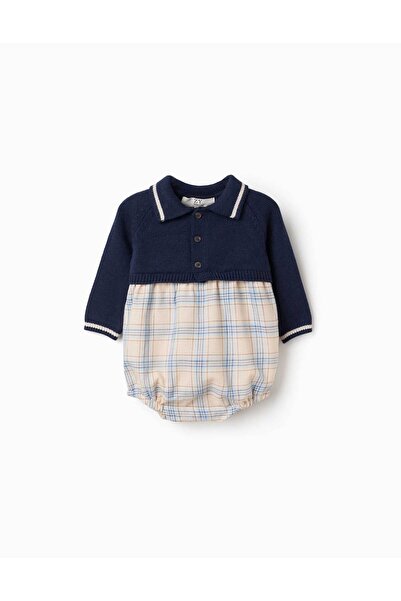 Ziddy Dual Fabric Romper With Check Pattern For Newborn Boys, Multicolour
