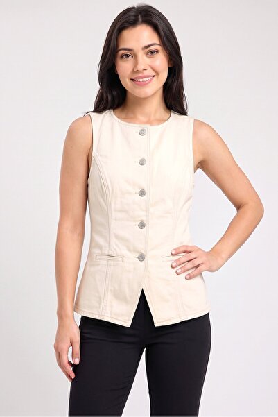 Threadbare Women Round Neck Sleeveless Plain Waist Coat Top, Biege
