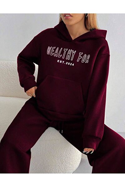 trendgar Bordo Geniş Paça Wealthy Sweatshirt/Alt Eşofman Takımı