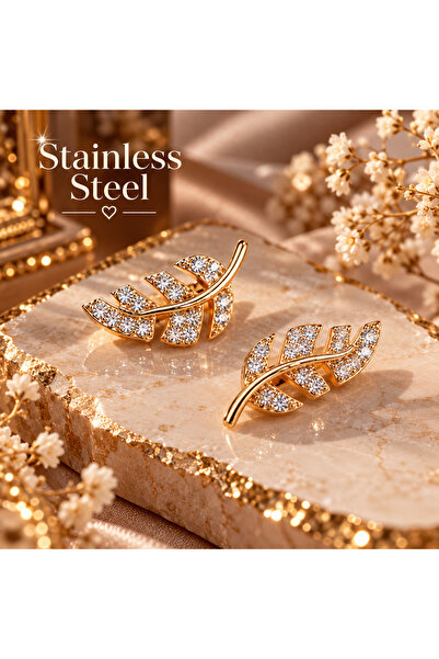 stainless steell Gold Color Leaf Pattern Steel Earrings with Zircon Stone