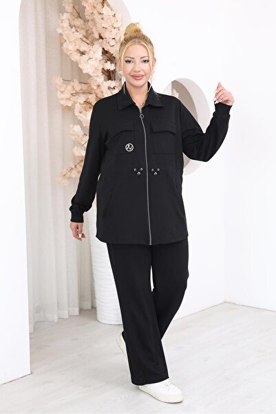 Siyezen Large Size Modal Fabric Suit with Gold Brooch Detail