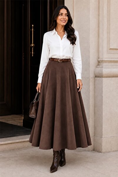 FashionForYou Μακριά φούστα με βελούδινη υφή Sylvette, με πιέτες και καφέ ζών...