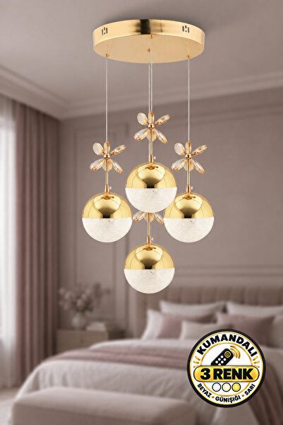 Dekorluna Kumandalı 4'Lü Küre 3 Renk Işık Özellikli Dimmerli Gold Kaplama Sar...