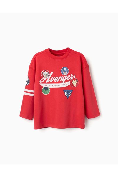 Ziddy Long Sleeve Cotton T Shirt With Avengers Prints For Boys, Red