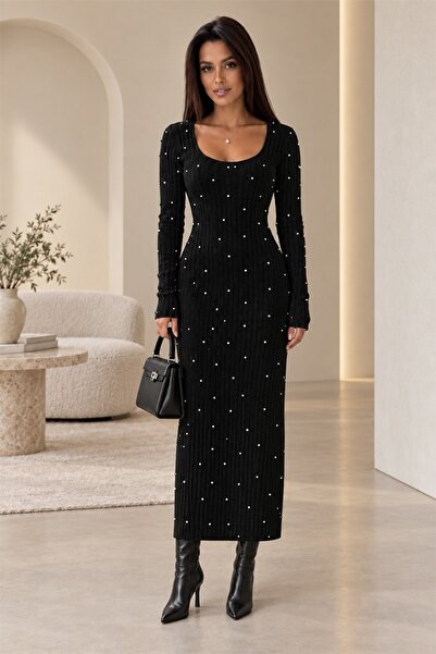 FashionForYou Κομψό πλεκτό φόρεμα ASTRID, με πέρλες και εφαρμοστή γραμμή, Μαύρο