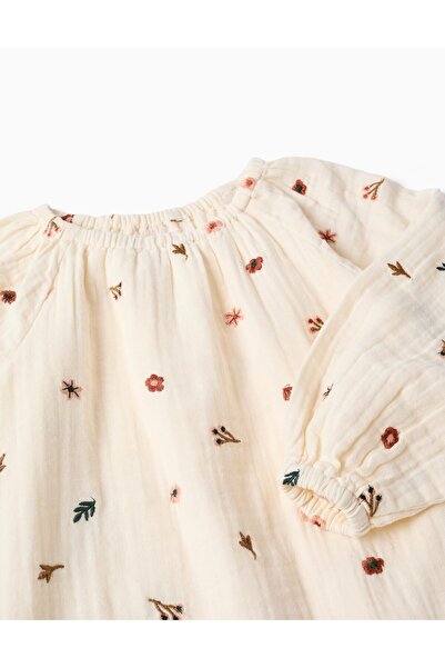 Ziddy Long Sleeve Cotton Dress With Floral Embroidery For Girls, White