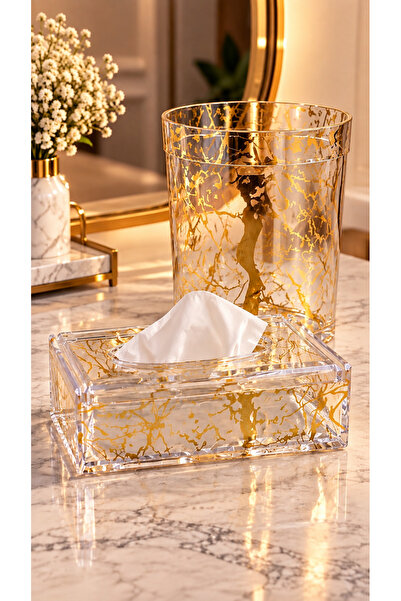 ABAREEK Trash Can Set with Transparent Tissue Box Gold Detailing Made of Fash...