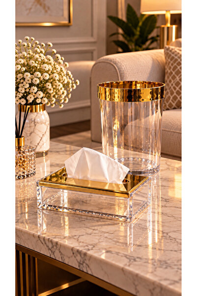 ABAREEK Trash Can Set with Transparent Tissue Box Gold Detailing Made of Fash...