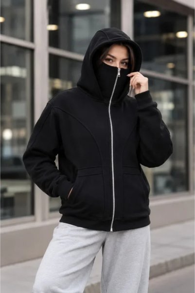 bysocafashion سويت شيرت نسائي أسود بتصميم نينجا مزدوج القلنسوة و3 خيوط وسحاب ...