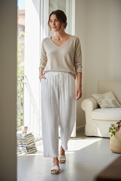 RANDOM Women's Muslin Elastic Waist Lace-Up Trousers