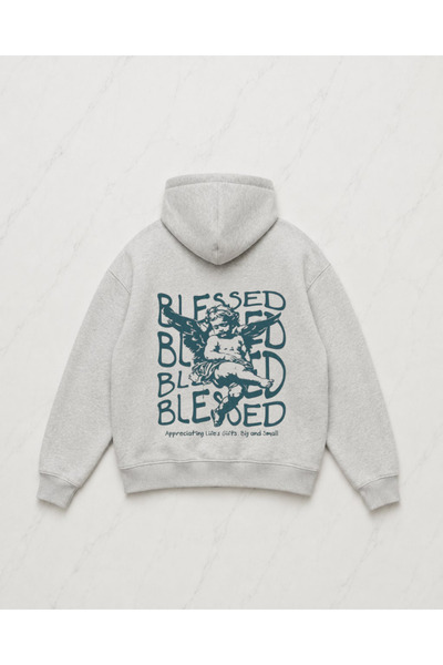 Gofeel Gray Blessed Angel Detailed Oversize Unisex Sweatshirt