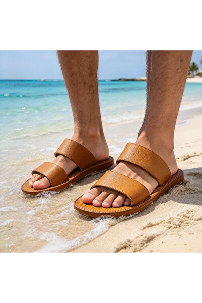 Almajeed Store Amity Men Double Strap Faux Leather Slide Slippers, Non-Slip C...